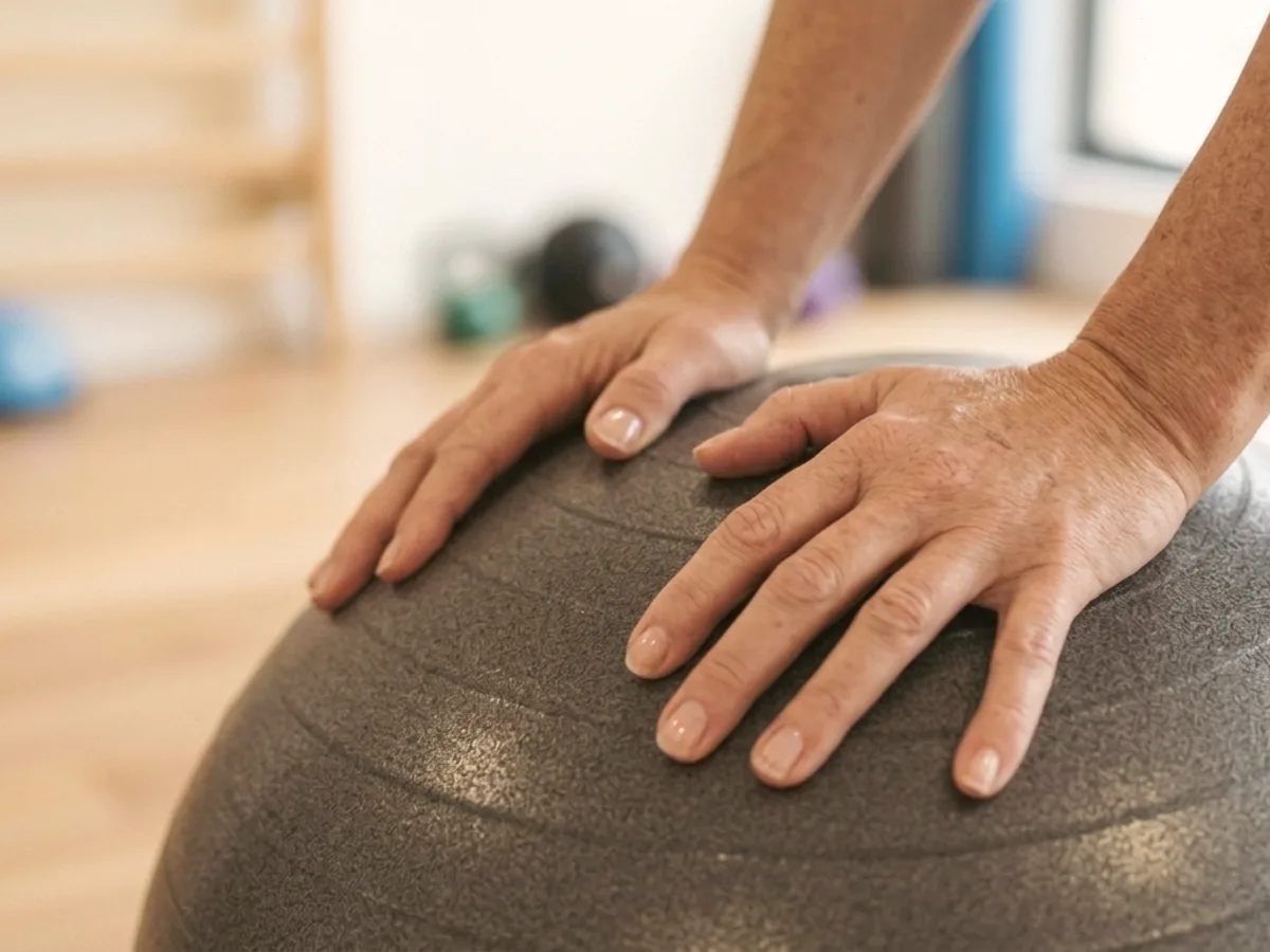 Close de exercício de reabilitação com bola terapêutica